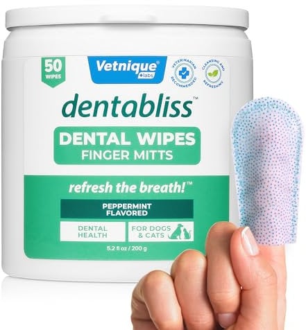 Vetnique Dentabliss - Dog Teeth Cleaning Finger Mitt Dental Wipe - Dog Plaque and Tartar Prevention with Brushing Beads - Convenient Dog Teeth Wipes with Peppermint, Dog Breath Freshener 50ct