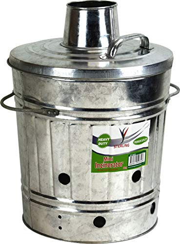 Sterling Ventures Metal Galvanised Garden Incinerator Fire Bin Burning Leaves Paper Wood Rubbish Dustbin Waste Bin with Lid & Handles (With Chimney Lid)