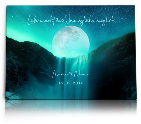 Liebesleinwand Leinwand personalisiert Mond der Liebe | Geschenk für sie oder ihn zum Jahrestag, Verlobung, Hochzeitstag | Leinwandbild gestalten mit Namen und Datum