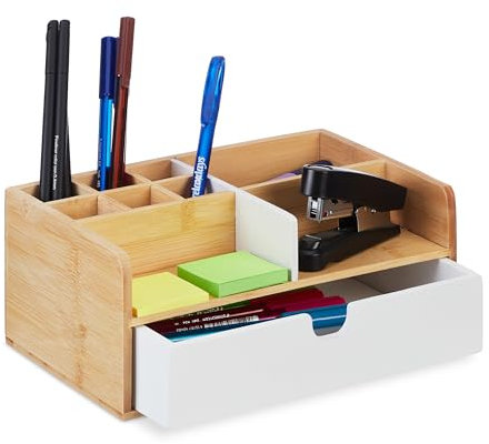 Relaxdays Schreibtisch Organizer, 1 Schublade, 9 Fächer, Bambus, HxBxT: 10 x 25 x 15,5 cm, Büro-Organisator, Natur/weiß