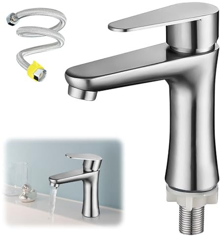 FENYW Grifo de agua fría para invitados, pequeño grifo de agua fría, solo agua fría, grifo monomando para baño con manguera de conexión de 60 cm, acero inoxidable, grifo de agua fría para baño,