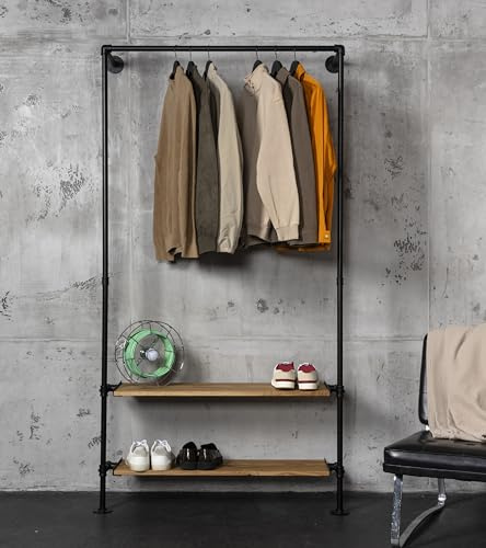 RSR Hangers Kleiderstange Garderobe Industrial Design Leo Schwerlast Kleiderständer Wand Flur offener begehbarer Kleiderschrank Schlafzimmer mit Eichenholz Ablage Breite 70 cm