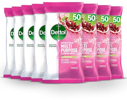 Dettol Antibacterial Multipurpose Cleaning Wipes, Pomegranate & Lime, 50 pack (8 x 50, Total 400 Wipes) Disinfectant, Biodegradable, 10x Cleaning power vs Water alone, Kills 99.9 Percent of Germs
