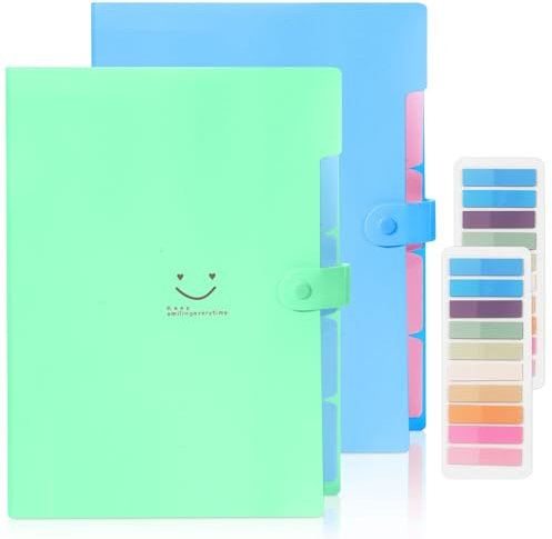 2 Stück Dokumentenmappe A4, Fächermappe A4 mit 400-Etiketten, 5-Fächer Mappe, Sammelmappe mit Druckknopf für Zuhause, Büro, Schule Und Auf Reisen