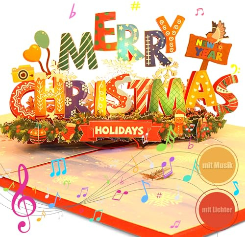 LIHAO Weihnachtskarten mit Musik Weihnachtskarten mit Umschlag Set Pop Up Karten Weihnachten 3D Glückwunschkarte LED Licht Grußkarte Merry Christmas