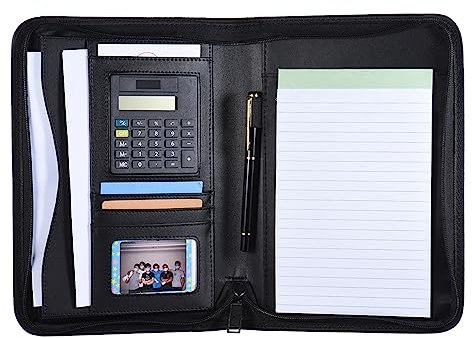 Porte-documents professionnel portable en cuir PU A5 avec fermeture éclair et calculatrice, porte-cartes, mémo, bloc-notes