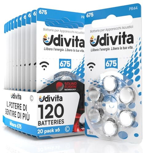 Lot de 120 piles pour appareils auditifs pour écouteurs auditifs Taille 675 PR44 avec technologie Sound Fusion - 20 ampoules de 6 piles