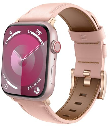 TiMOVO Leather Watch Band for Apple Watch Series 10 42mm/Series 9 8 7 6 5 4 3 2 1 SE 38mm 40mm 41mm, Vintage Leather Replacement Wristband for Men and Women, Pink