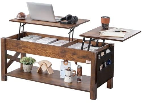 VEVOR Lift Top Coffee Table, 47.5 in Rectangle With Extra Storage Pockets, Pop Up for Living Room, Brown