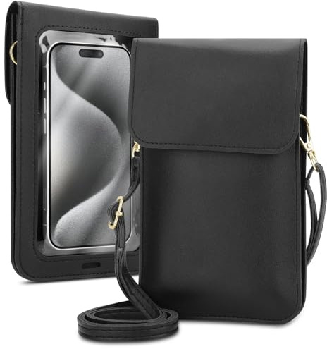 Cadorabo Handytasche zum Umhängen universal -alle Smartphones bis Größe 7 Zoll maximal- kleine Handtasche mit Handyfach und Sichtfenster, Handy Umhängetasche mini, 2 Fächer, Touch, PU Leder, SCHWARZ