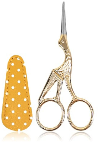SwirlColor Stickschere, 11,5 cm/4,5 Zoll Edelstahl Storch Fadenschere Kleine Handwerksschere zum Nähen von Kreuzstich Nadelarbeit Faden mit PU Schere Abdeckung mit Gold