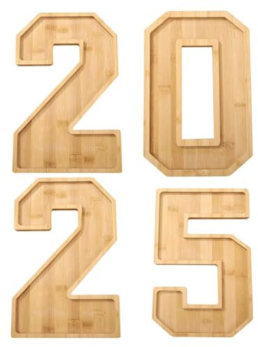 Jomewory Vassoio per alimenti con numeri 2025, per feste, bomboniere, caramelle, torte, vassoio in legno per alimenti, dolci, patatine fritte – 30 x 20 cm