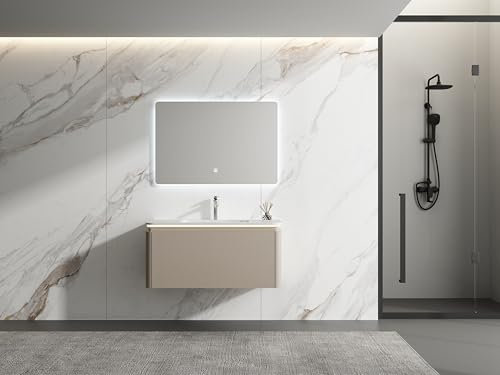 SKYPOS POINT OF SALE SYSTEMS Mueble de baño colgante, armario con cajón, lavabo y espejo, acabado melaminado, 15 mm, ángulo redondeado, iluminación LED