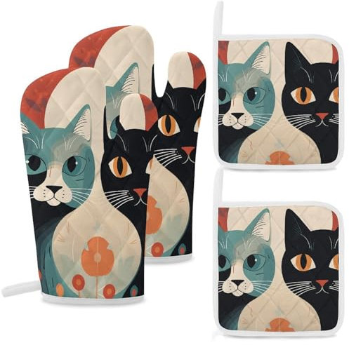 Ofenhandschuhe und Topflappen-Set, 4-teilig, Küchen-Ofenhandschuh, zwei Katzen zusammen, Ofenhandschuh zum Kochen, rutschfeste Handschuhe, waschbare Topflappen