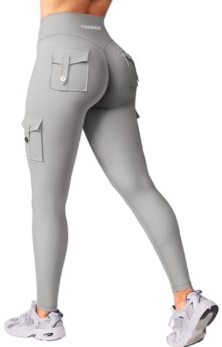 YEOREO CoreFlex Sport Leggings Damen Mit Taschen Invisible Scrunch Butt Gym Leggings High Waist Boom Booty Seamless Push Up Blickdicht Yoga Sport Leggings Hellgrau L