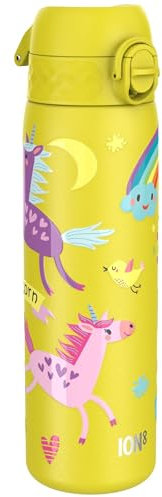 ion8 Botella Agua Inox Ligero, 600ml, Sin Aislamiento, a Prueba de Fugas, Fácil de Abrir, Aptas para Lavavajillas, Cerradura Segura, Fácil de Limpiar, en Relieve, Unicornios, Amarillo