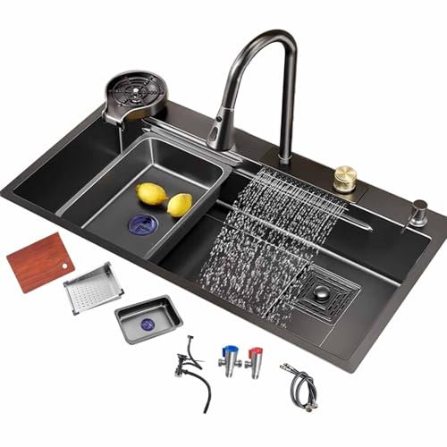 Fregadero de cocina de acero inoxidable negro con grifo de cascada, fregadero grande de un solo tazón negro con arandela de taza, todos los accesorios incluidos (86 x 50 x 22 cm)
