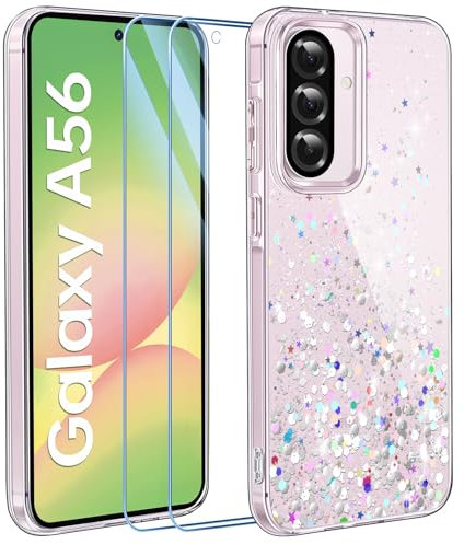 ivencase Glitzer Handyhülle Kompatibel mit Samsung Galaxy A56 5G Hülle, Klar Silikon Case+2 Stück Schutzfolie, Transparent Pailletten Kratzfest Hülle Weich TPU Stoßfeste Schutzhülle Samsung A56