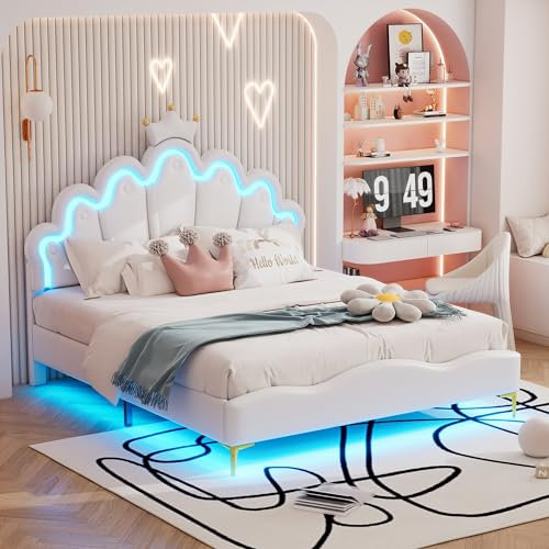 Merax Kinderbett 140x200 Polsterbett mit LED, Prinzessinnenbett in Kronenform, Kronprinzessin-Bett, Polsterbett für Mädchen, kronenförmiges Prinzessinnenbett, PU, Weiß, Ohne Matratze