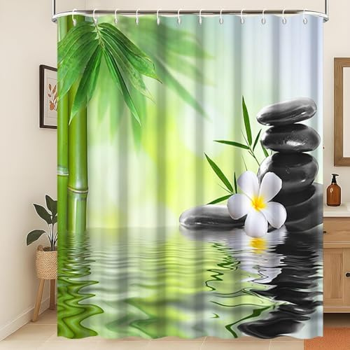 Xiaoterna Spa Duschvorhang Frühling Zen Meditation Garten Schimmel resistent Bad Vorhang Grüne Bambusblätter Schwarzer Stein Weiße Orchidee Wasser Maschinenwaschbar Stoff Duschvorhang 180x220cm