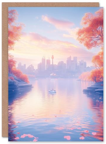 Artery8 Greeting Card Dreamy Autumn Sunrise Japanese Coastal Cityscape Blank For Him Or Her Art Birthday Card