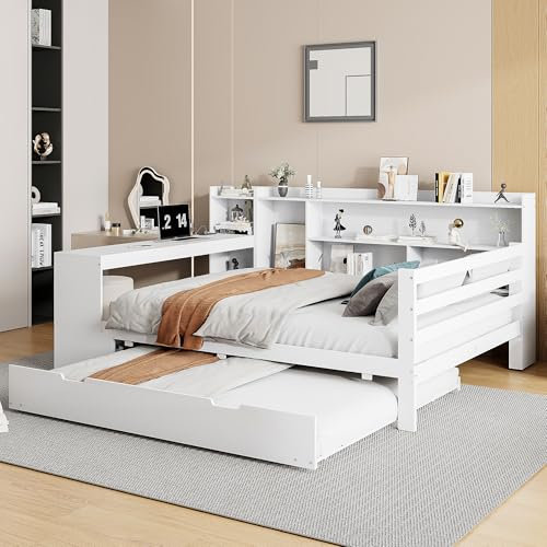 Gegtuon Schlafsofa Doppelbett 140x200, USB-Sofabett mit Ausziehbares Rollbett und Stauraum Regal, Bett Holzbett Tagesbett Jugendbett Bettgestell mit Tisch und Lattenrost aus Holz, ohne Matratze, Weiß