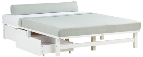 Homestyle4u Massivholzbett 140x200 mit Matratze Palettenbett mit Schubladen Holzbett mit Stauraum Bett Kiefer Weiß