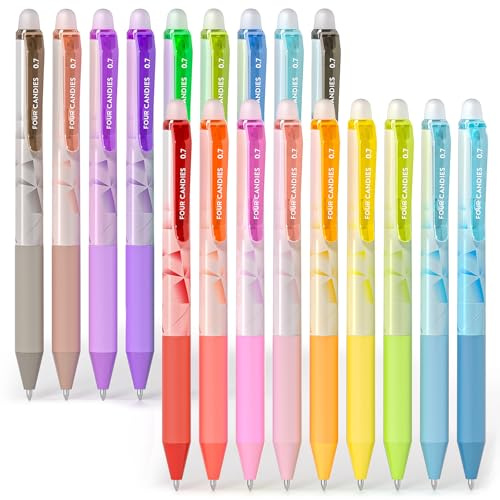 Four Candies 0,7 mm radierbare Gelstifte, lassen Fehler verschwinden, farbige Stifte, 18 Farben, einziehbare, radierbare Stifte mit feiner Spitze zum Schreiben, Zeichnen, Planen und für Schulbedarf