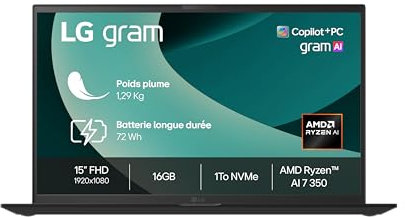 LG Gram 15Z80T-G.AU78F - PC Portable 15 1290g, écran DCI-P3 99% FHD Format 16:9, Intel® Evo™ AMD Ryz, RAM 16Go, SSD 1To NVMe, AMD Radeon™ Graphics, Sortie Casque (4 pôles), Noir Obisidien