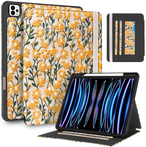 Uppuppy for iPad Air 13 Inch Case M3 2025/M2 2024, for iPad Pro 12.9 Case 6th/5th/4th/3rd Gen - Women Girls Cute Embroidered Folio Stand Cover with Pencil Holder & Card Slot Design Girly Yellow Daisy