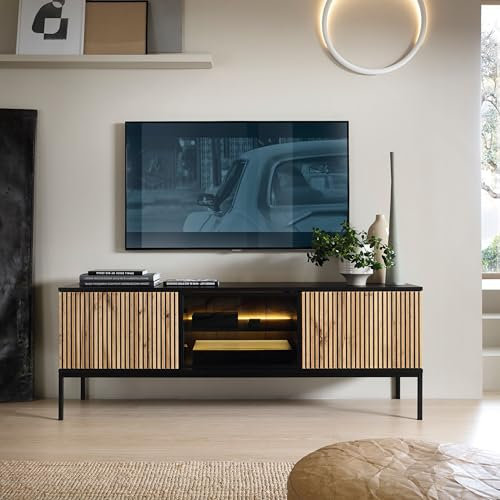 Komodee Laval TV154 - TV Schrank, Schwarz, Eiche Wotan, Breite 154 cm, Höhe 56 cm, Tiefe 39 cm