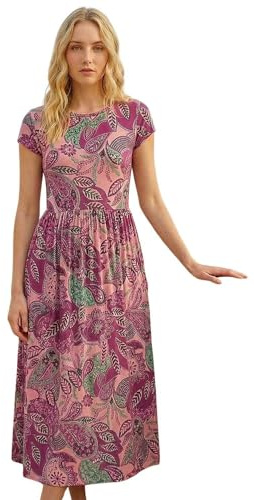 Roman Midi Dress with Pockets for Women UK Ladies Stretchy Jersey Maxi Long Short Sleeve Elasticated Gathered High Waist Boho Flattering Skater Swing Fit Flare