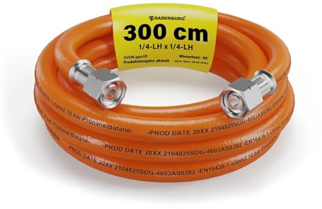 Gasschlauch 3m Propangasschlauch 1/4 LH - Gasgrill Campingkocher DVGW | Gasschlauch Verlängerung - Gasanschlussschlauch - Gasflaschen Schlauch Propan Butan - 300 cm - winterfest - Wohnmobil