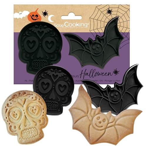 ScrapCooking - 2 Ausstechformen für Halloween-Auswerfer – Calavera & Fledermaus – Keksausstecher in 3D – Prägeformen – Mexikanischer Totenkopf – Ausstechformen – 2142