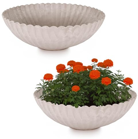 matches21 HOME & HOBBY Gewellte Pflanzschalen für draussen in 22 x 7 cm Sand-Farben marmoriert als wetterfeste Blumen-Schalen