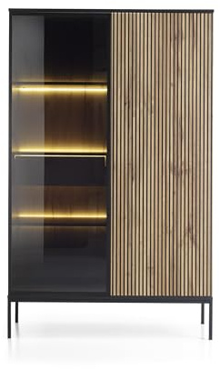 3E 3xE living.com Moderne hohe Vitrine mit geriffelter Front, 104×166×39 cm, Schwarz/Wotan Eiche
