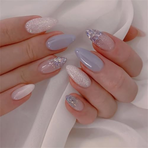 Lot de 24 faux ongles artificiels en acrylique en forme d'amande avec paillettes à coller pour un usage quotidien élégant pour filles