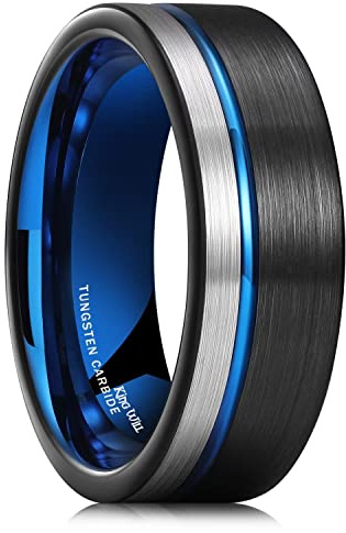 King Will Loop Wolframkarbid Hochzeit Band 8mm Rose Gold Line Ring Schwarz und Silber gebürstet Comfort Fit