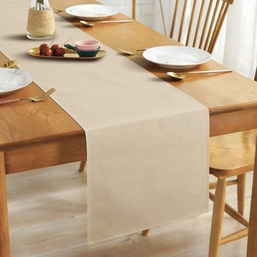 Alaoo Linen Table Runner, 40 * 140cm Elegant Rustic Farmhouse Table Runner, Washable Kitchen Dining Table Decoration for Dining Holiday Parties and Everyday Use, Beige