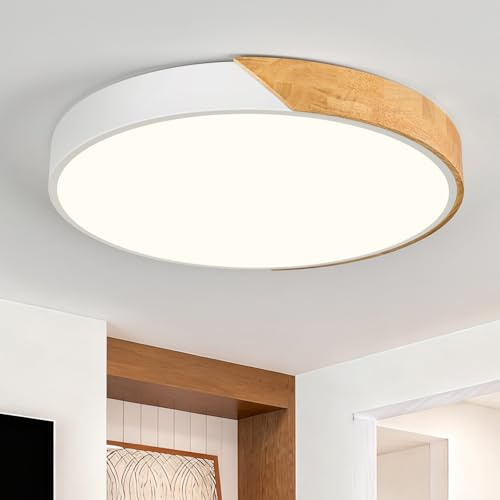 Qamra LED Deckenleuchte, Deckenleuchte Weiß 50cm, Deckenlampe Holz 48W | Lampe Rund für Wohnzimmer Schlafzimmer Küche Flur Esszimmer 4000K