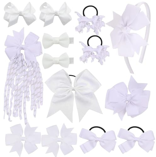 Schul-Haar-Accessoires-Set 14 Stück Uniform Haar- Schleifen, Haarband-Clips, Haargummis, lockige Korker-Schleifen für kleine Schulkinder (weiß)
