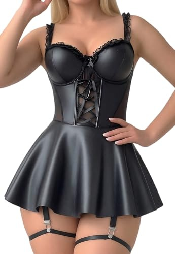 FEOYA Damen Sexy Lederkleid Wetlook Kleid Lackleder Minikleid Clubwear Partykleid A-Linie Frauen Unterwäsche Ärmellos Strumpfhalter