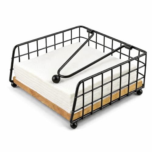 Servilletero Cuadrado de Cocina en Metal y Madera, Porta Servilletas con Brazo Lastrado, Soporte para Servilletas de Mesa, Organizador Moderno para Hogar, Bar y Restaurante (Negro)