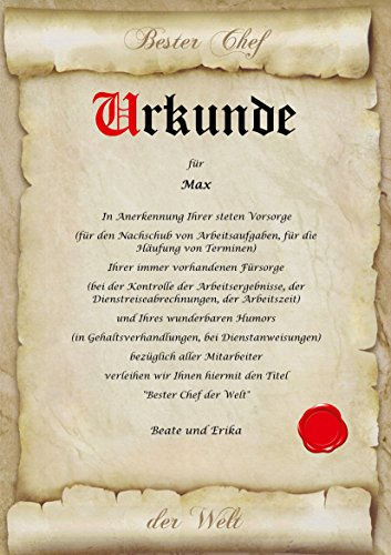 Urkunde Bester Chef der Welt - Boss Geschenk personalisierbar, kleine DIN A4 Geschenkidee - Beste Chefin Spruch lustig mit Name
