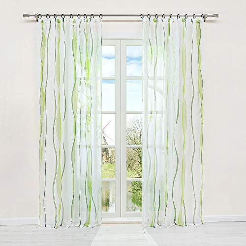 HongYa 1er-Pack Voile Gardine Transparenter Vorhang mit Kräuselband Wellen Druck H/B 145/140 cm Creme Grün