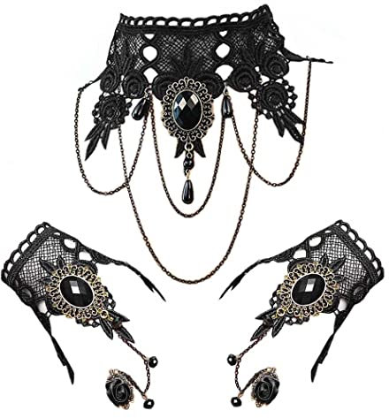 Daimay Gotisch Choker Halskette Armbänder Schmuck 3 PCS Halsband Ketten Victorian Steampunk Retro Zahnräder Spitze Vampir Slave Armband für Halloween Ostern Lolita Spitze Schwarz Geschenk