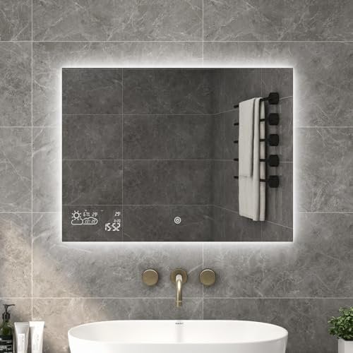 byecold LED Badspiegel Antibeschlag 80x60 cm, Badezimmerspiegel Wandspiegel Lichtspiegel mit Touchschalter, WiFi Wetterstation & Datum, Smart Mirror, Horizonta