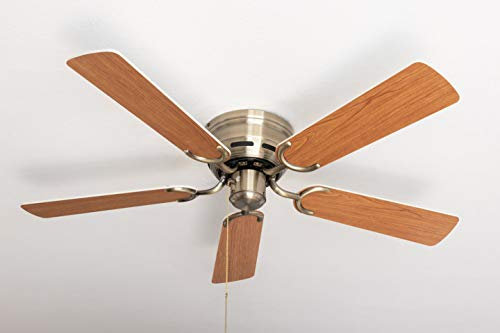 Pepeo - Kisa Deckenventilator ohne Beleuchtung | Ventilator mit Zugschalter in Antik-Messing mit Wendeflügeln in Weiß und Ahorn-Holzoptik, Durchmesser 105 cm. (Farbe: Messing, Weiß/Ahorn)