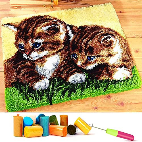 EMISTEM Latch Hook Kits for Adults - DIY Latch Hook Rug Kits for Kids, Crochet Kit for Beginners, Rug Making Kits with Printed Canvas, Gift Packaging. (Two Grass Cats, 16x21 inch)