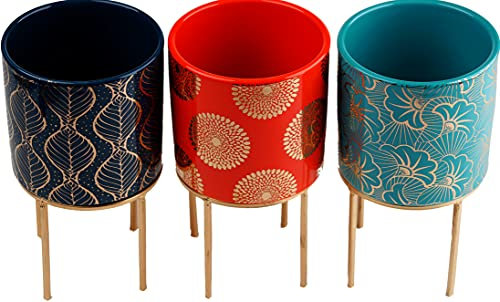 Temerity Jones Set Of 3 Blue Orange Aqua Metallic Gold Design Plant Pots On Stand